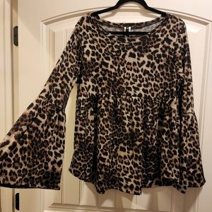 Glitzy Girlz Leopard Babydoll Flare Sleeve Top